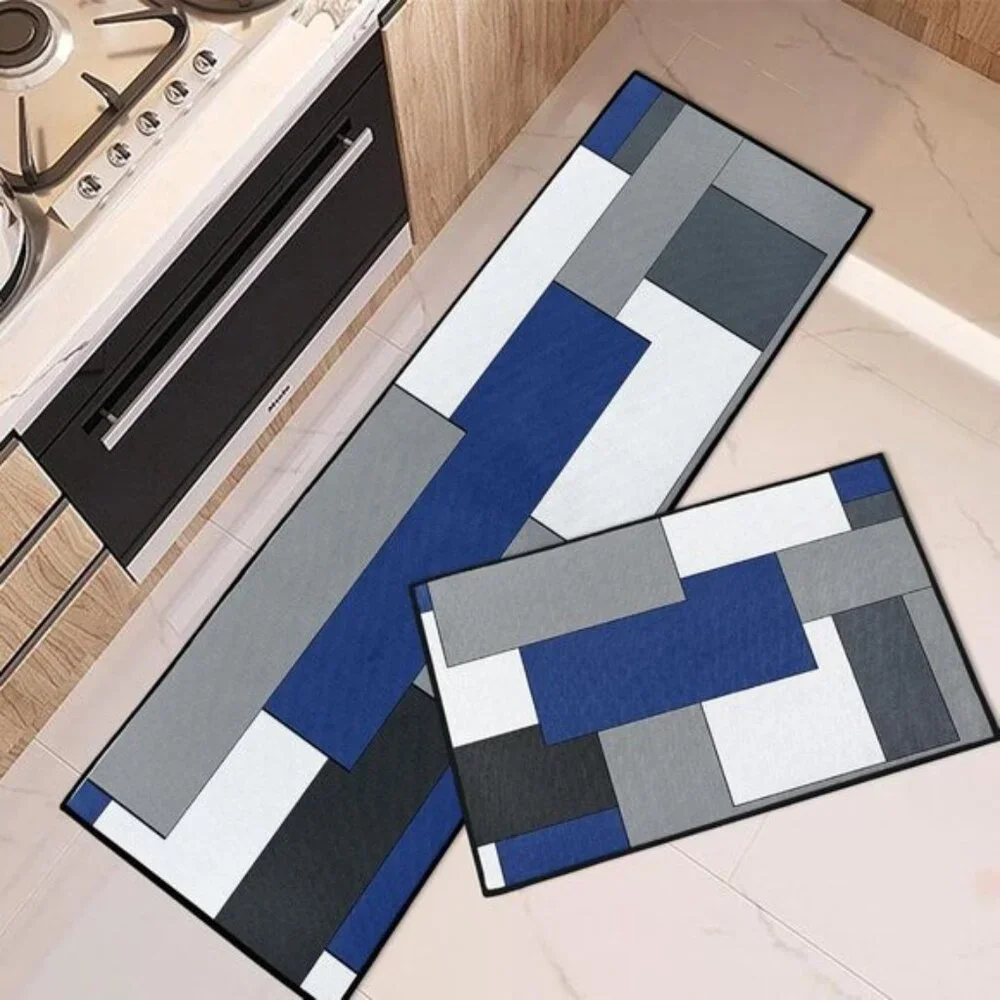New Set of 2, Checked Black Grey Navy Mats, Rustic Minimalist Runner Rugs